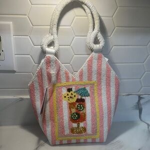 Pink Striped Beaded Tote with Tropical Drink Motif